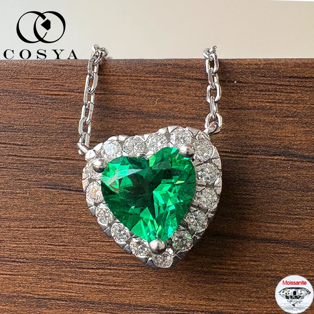 

COSYA 1CT/2CT Heart Cut Lab Grown Colombian Emerald Necklace For Women 100% S925 Silver D VVS1 Moissanite Party Fine Jewelry