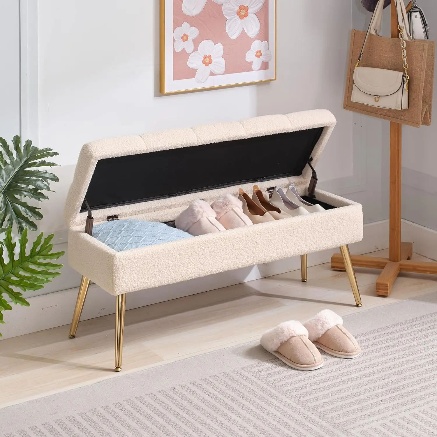 Storage Bench-Entryway Bench,Ottoman for Bedroom End of Bed,Modern Teddy Fleece Benche Bedroom Benches