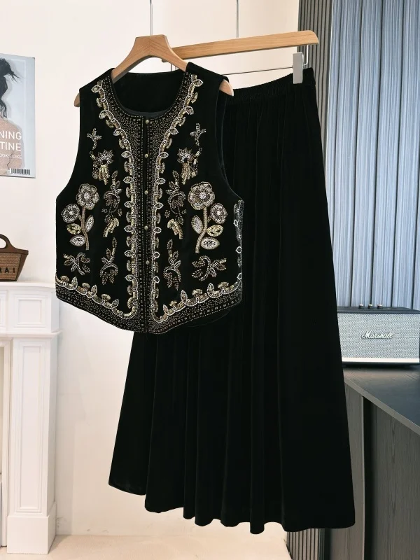 Elegant Chinese Style Women's Velvet Jacket Skirt Set with Beaded Embroidery Warm Ethnic Autumn Winter Fashion Ladies Clothing