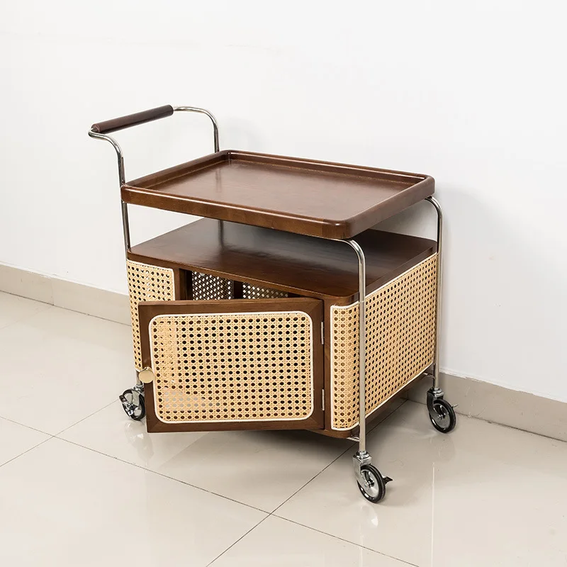 Yjq solid wood edge few movable storage trolley living room sofa rack rattan simple dining car