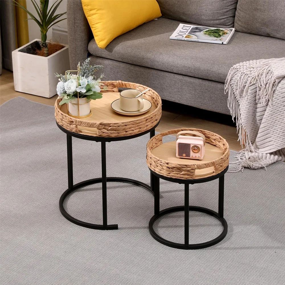 Minimalist room setting featuring natural wood tray tables