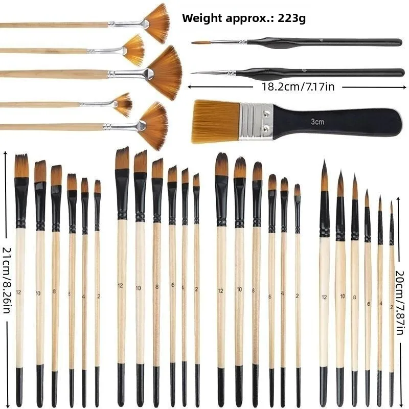 3/5/6/32Pcs DIY Graffiti Log Nylon Hair Brush Fan-shaped Board Brush Line Painting Dedicated Oil Painting Gouache Watercolor Set