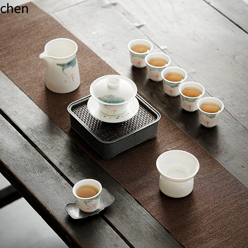 H1 china white hand-painted ceramic tea set - office grade mutton fat jade white porcelain teapot, gaiwan, and teacup gift set