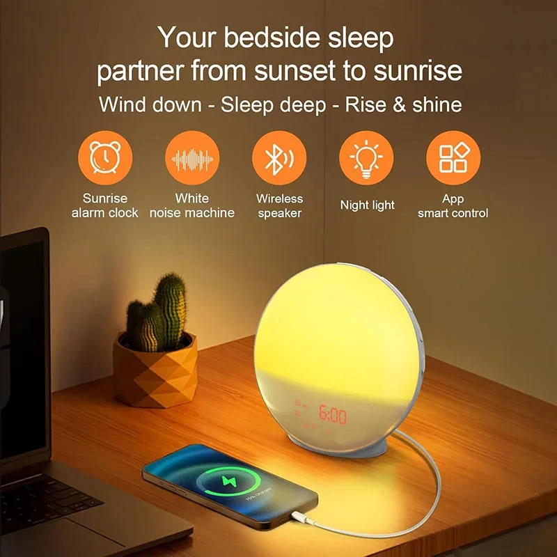 Ultra-Practical Sunrise Wake-Up Alarm Clock, Night Light, White Noise & Nature Sleep Sounds Bluetooth Speaker, Simulated Sunrise