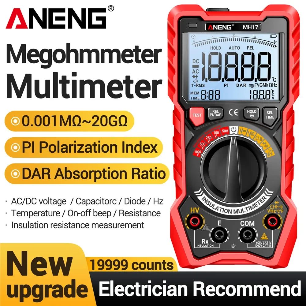 Digital Insulation Resistance Tester Multimeter Megohmmeter 2 in 1 Smart 19999 Counts AC DC Voltage Multifunctional ANENG MH17