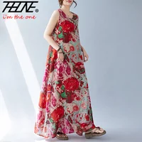 THHONE-vestido holgado con estampado de verano Para Mujer, vestido de algodón sin mangas, informal, estilo playero, Vestidos largos Para Mujer