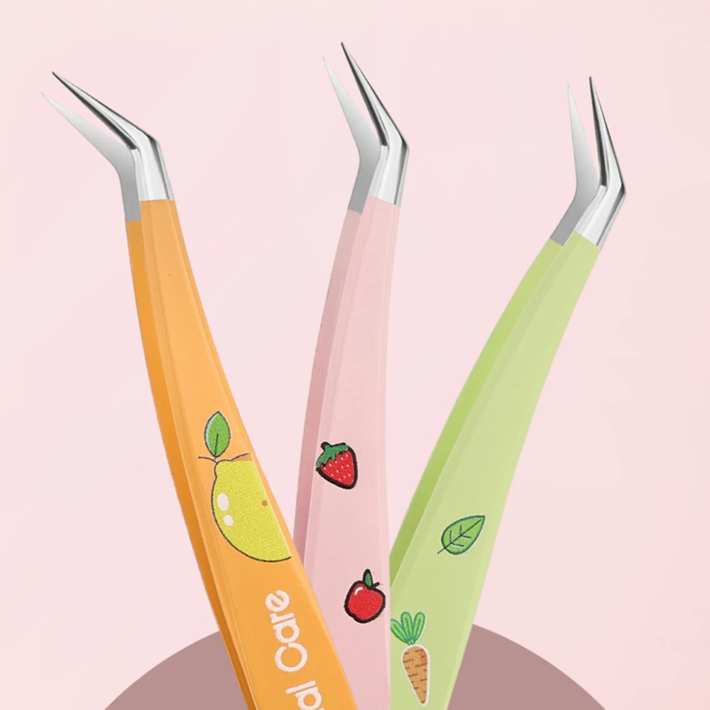 1/2 個ステンレス鋼つけまつげピンセット帯電防止湾曲したストリップフルーツスタイルハンドル 3D まつげエクステンションピンセットメイクアップツール