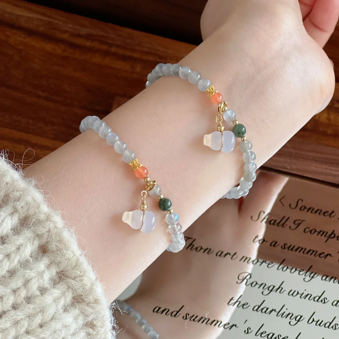 Natural Grey Moonlight Bracelet Feldspar Niche DIY Beaded Hand String Chalcedony Gourd Mori Ins Jewelry For Women's Lucky Gifts