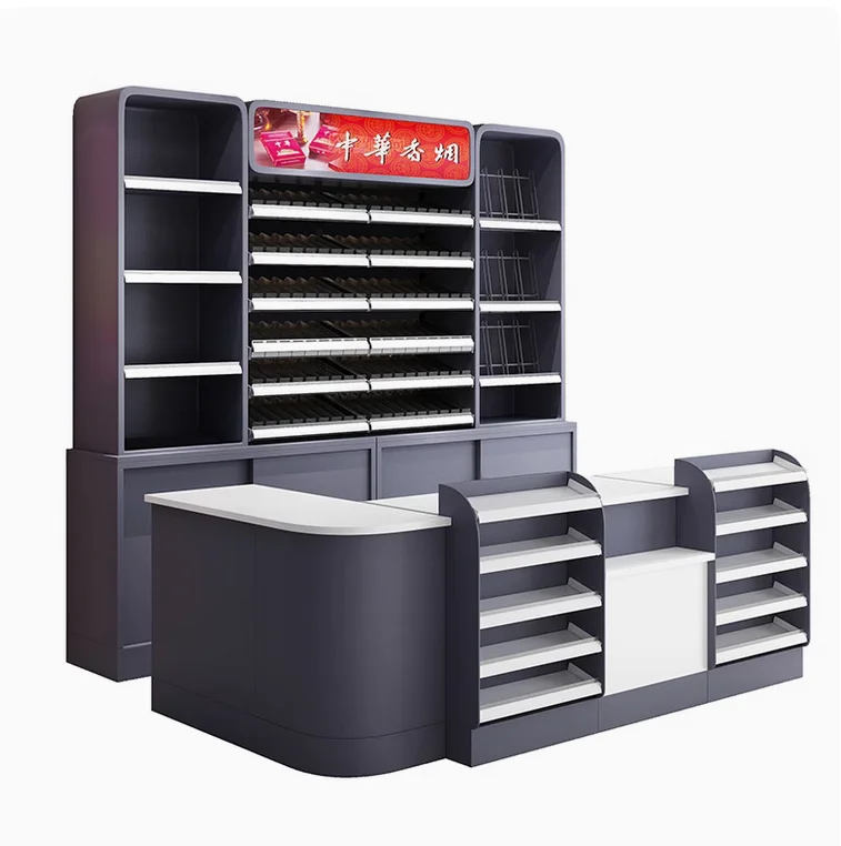 Supermarket checkout counter, liquor cabinet, combination store display rack