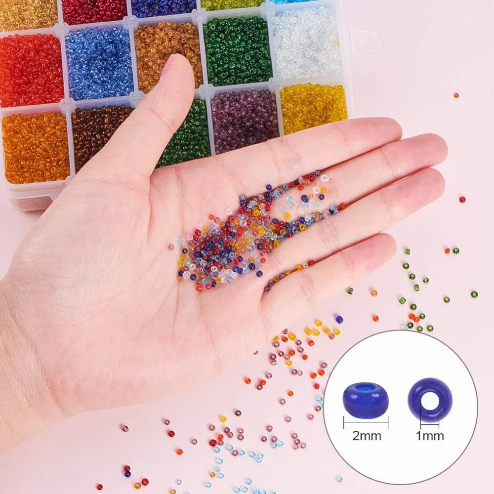 21000pcs Glass Seed 15 Color 12/0 Transparent Waist Beads 2mm Mini Beads Craft Pony Waist for Bracelets making kit