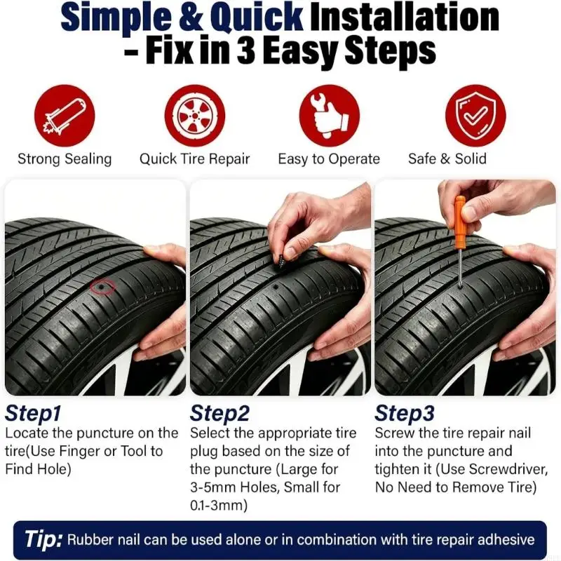 Threaded Tire Puncture Insert for Tubeless Tires with Tapered Screw-In and X-Shaped Drive Recess for Guided H9EE