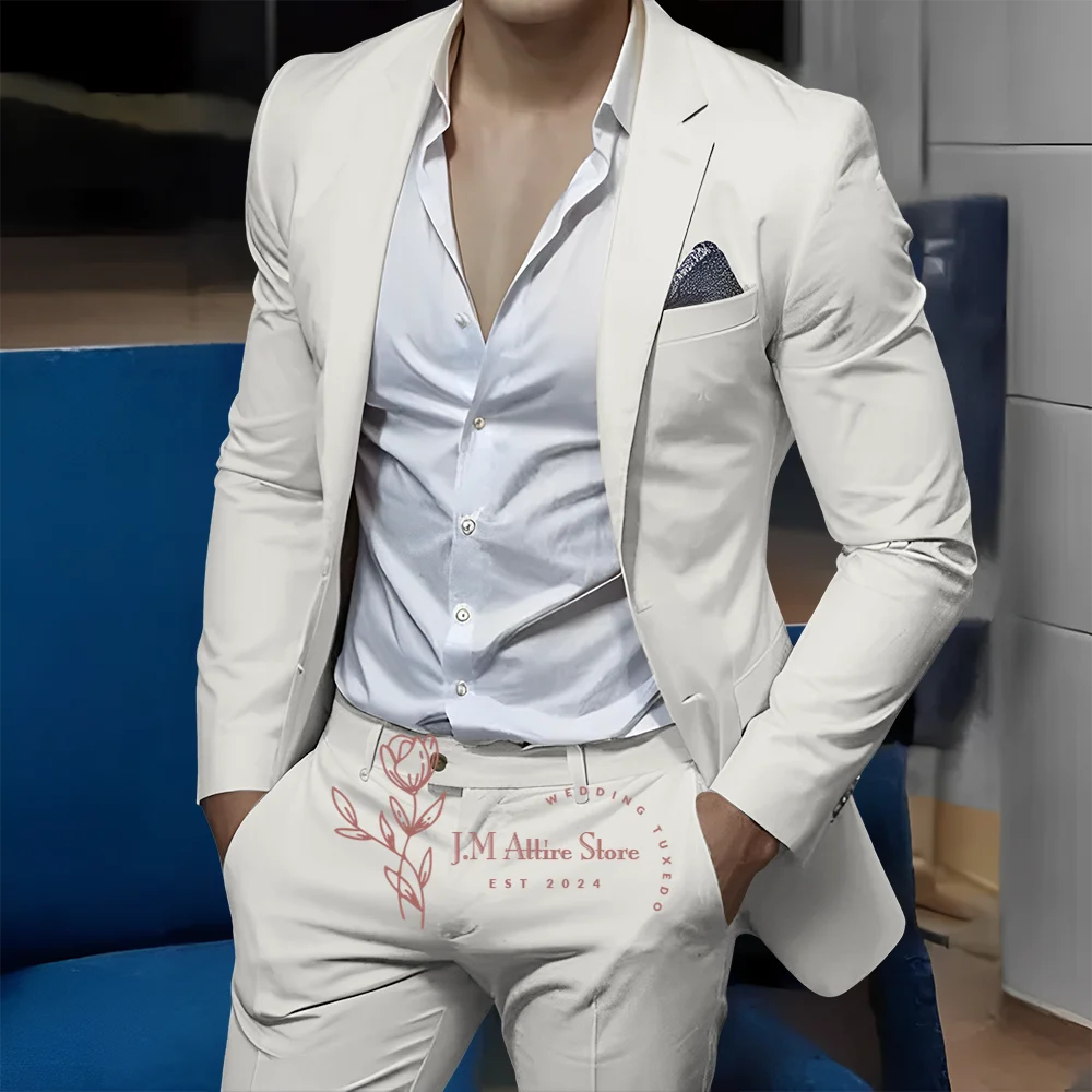 Men's Suit Off-white 2-Piece Set Jacket Pants Notch Lapel Business Slim Fit Classy Blazer Wedding Ball Xmas Party Custom Tuxedo