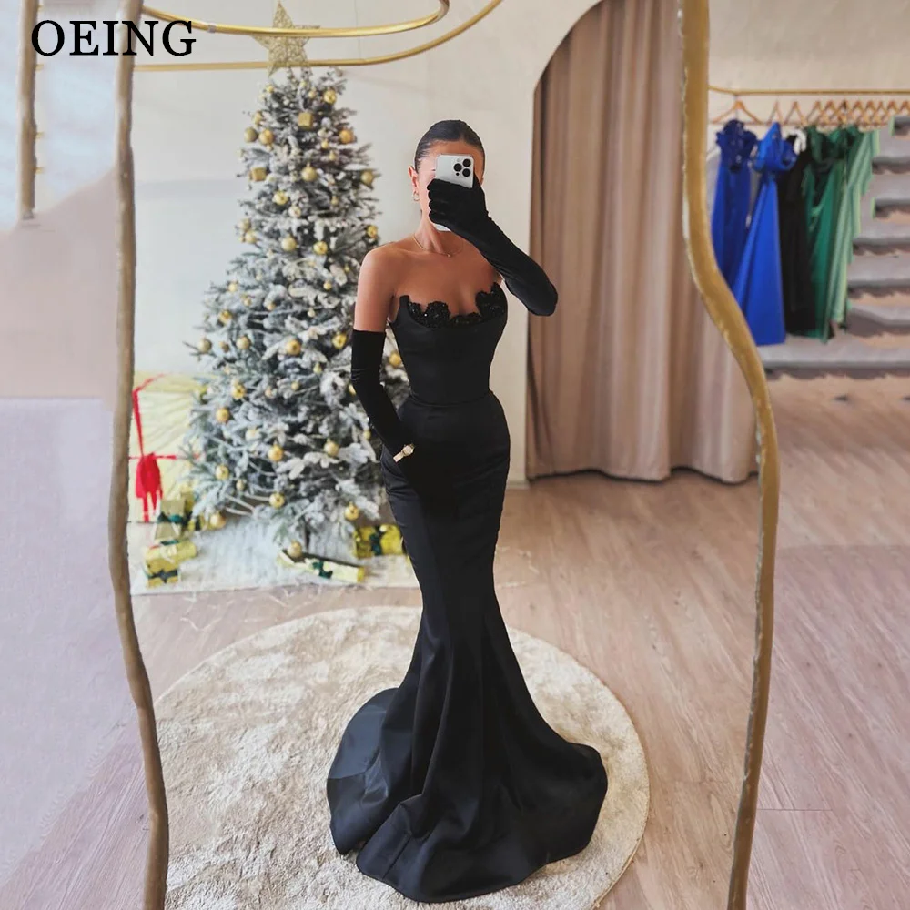 

OEING Sexy Black Satin Mermaid Evening Dresses Sparkly Strapless Pleats Prom Gowns Fomral Party Dress Vestidos De Gala 2024