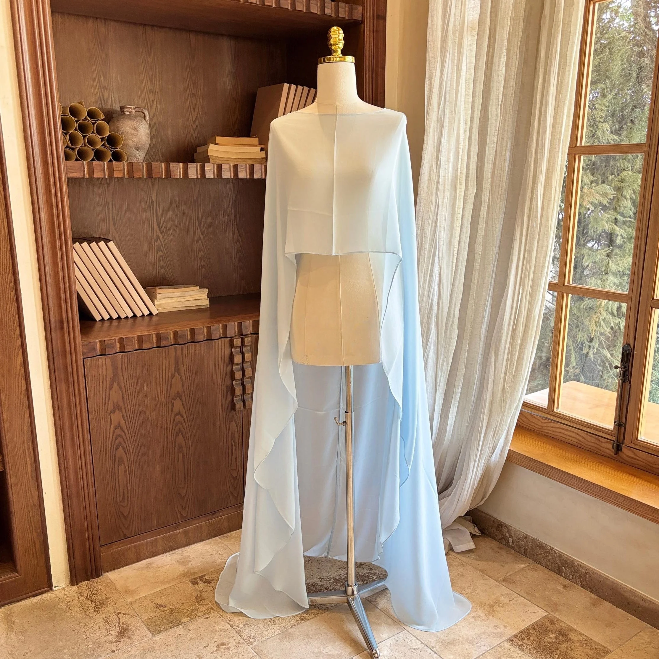 Light Blue Chiffon Bridal Cape Lightweight Breezy Romantic Wedding Cape Minimalist Modern Bridal Cover-up Beach Wedding Cape