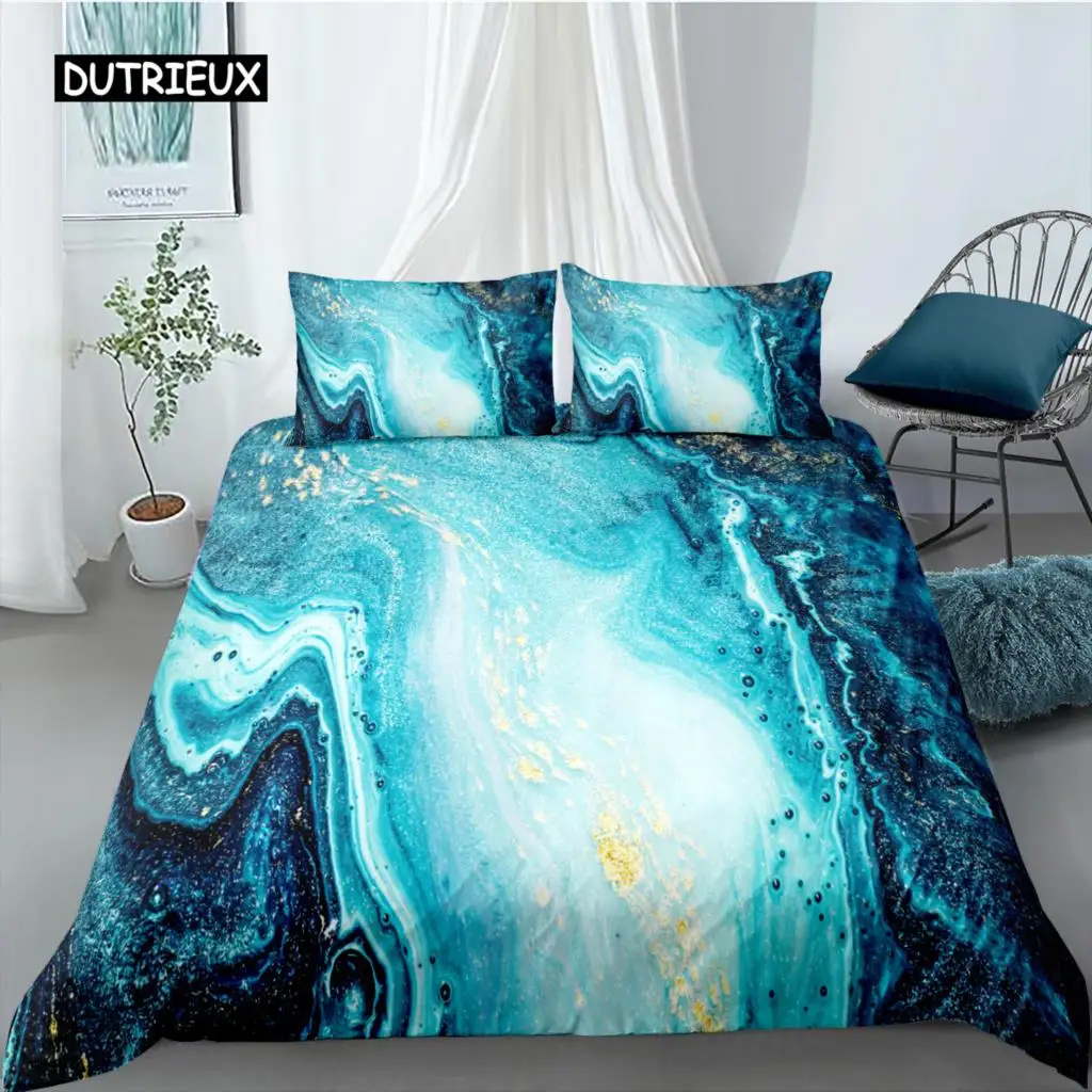 

Marble Duvet Cover Set Twin Size Bedding Set Sea Blue Beach White Gold for Boys Teens Adults Cool Colors Polyester Quilt Cover