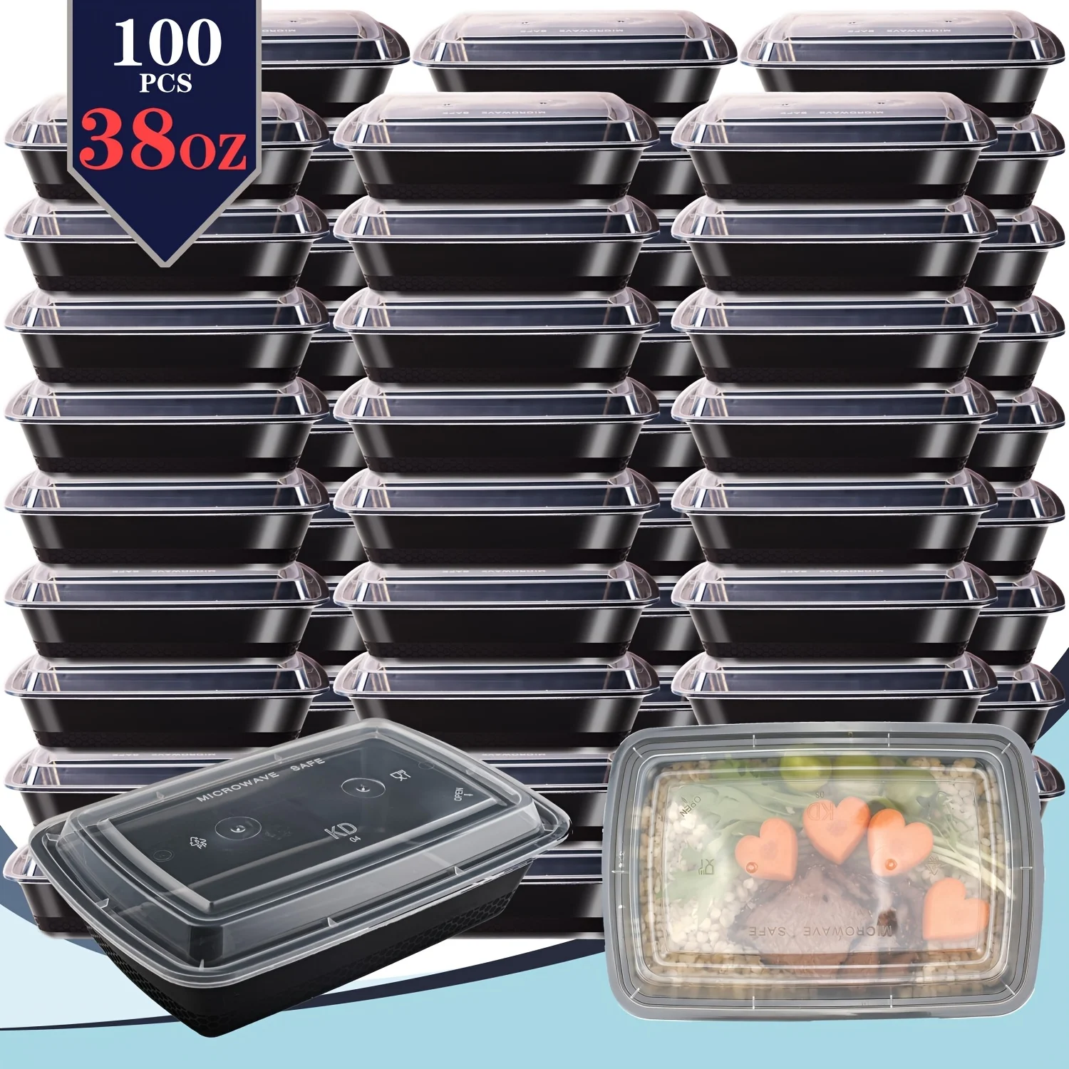 usBlack 100 piezas (50 recipientes y 50 tapas) Recipientes rectangulares para preparar comidas de 38 oz, apilables y a prueba de fugas, juego de recipientes para almacenamiento de alimentos, tipo bento desechable, ideal para llevar y preparar comidas, apto para microondas, lavavajillas y congelador.