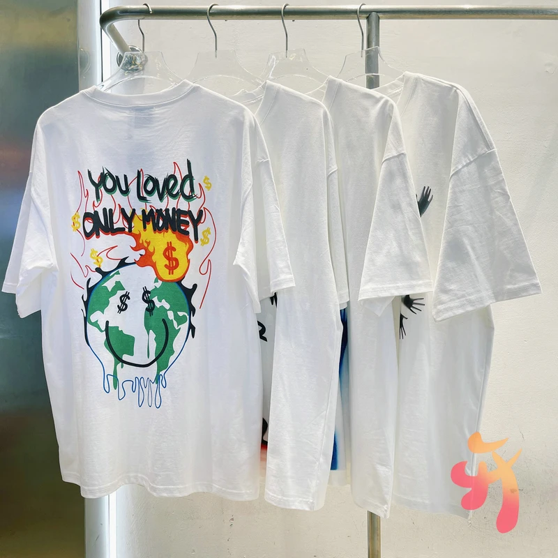 Flame Green Earth Graffiti Print Summer White Short Sleeve Kanye T-shirts Hiphop Casual Loose Cotton Tshirt Men Women