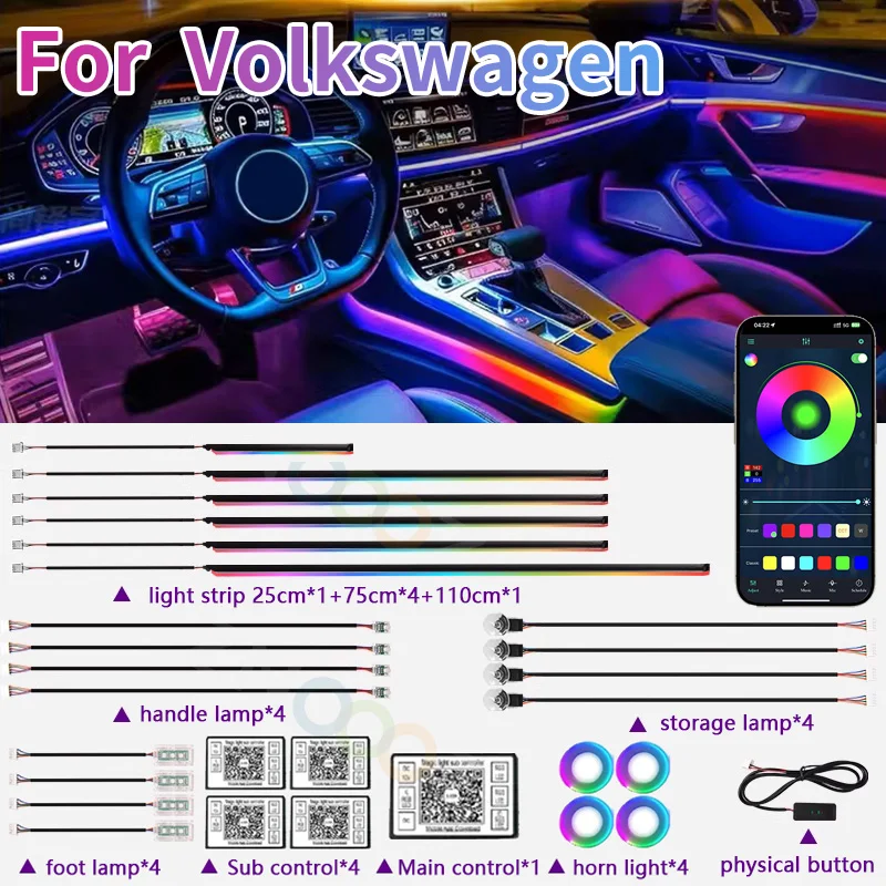 RGB 22in1 Car Interior Acrylic Car Ambient Lights For VW Golf JETTA PASSAT MK4 MK5 MK6 Car Lighting Strips Accessories