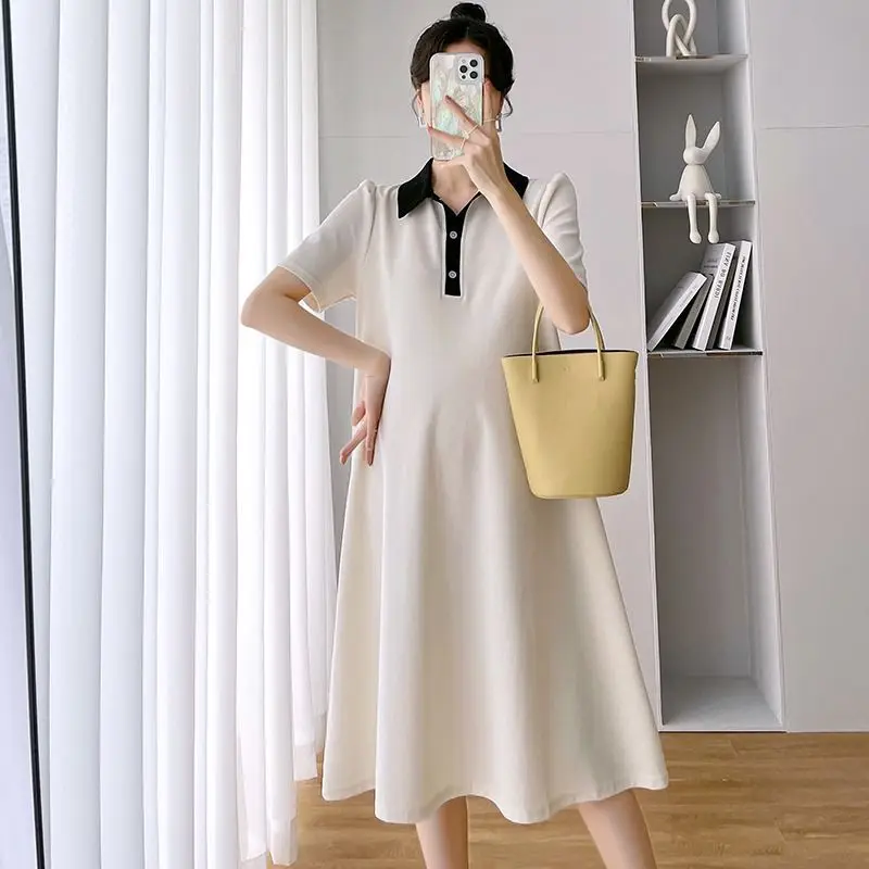 Maternity Dress Summer Short-Sleeve Dress with Lapel, Maternity Wear Summer Short-Sleeve Maternity Dress, Women's Summer Clothes