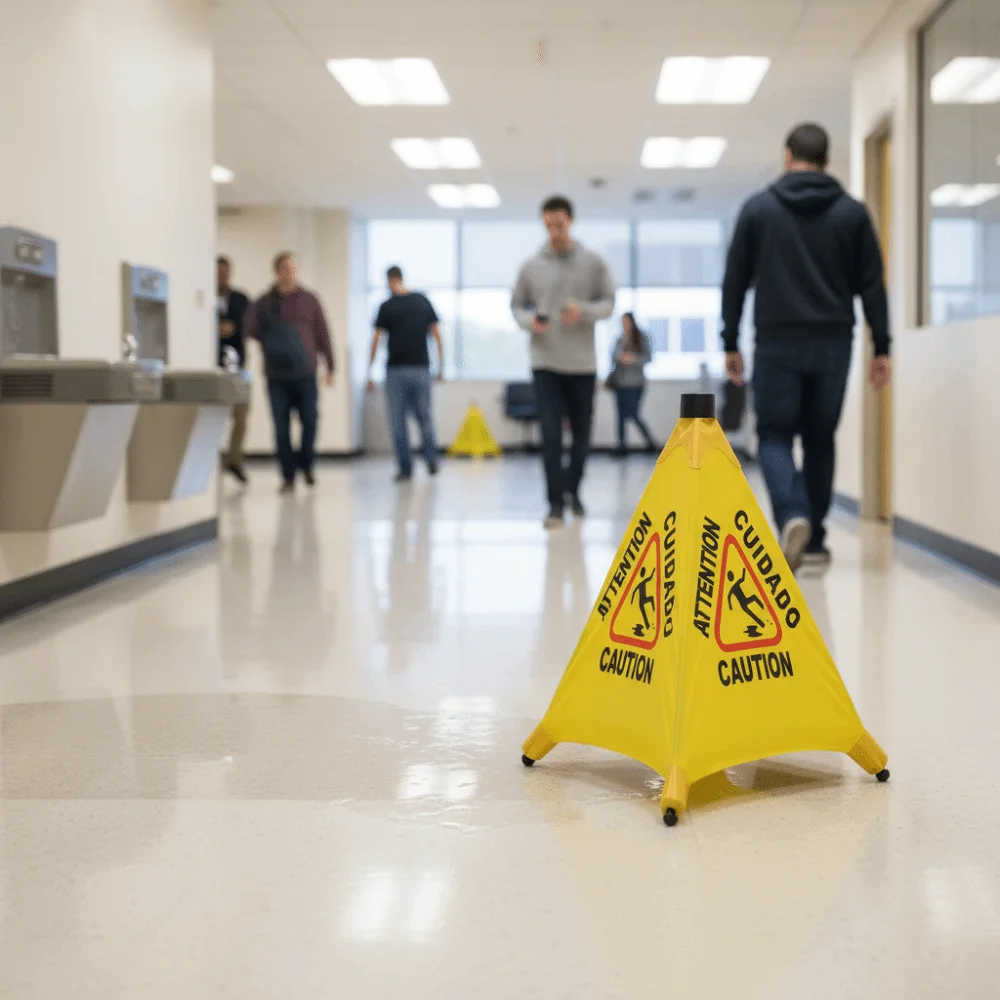 Triangular Cone-Shaped Caution Wet Floor Sign Wall Mounted Foldable Slippery When Wet Sign Pop-Up Design Multilingual