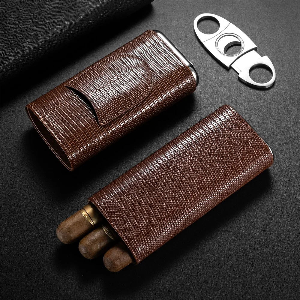 3-pack Cigar Case Portable Leather Holder Box Storage with Stainless Steel Sharp Cigar Cutter Luxury Smoking Accessories CH-24FA