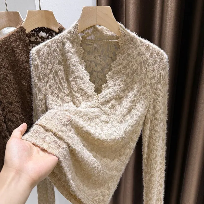 2026 New Women Brushed Lace Long Sleeve Base Top Plus Size Casual See Through Wavy Trim V Neck Inner Wear T Shirt Undershirt For
