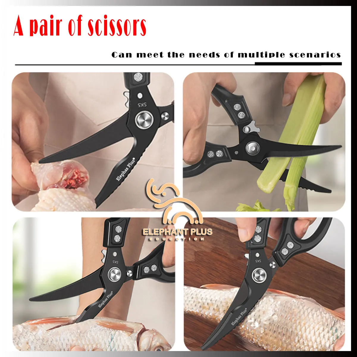 Elephas Plus SK5 Heavy Duty Kitchen Scissors, Multi-Purpose Poultry Shears for Chicken Bone & Fish, Titanium Plated & Silver Options, 26cm