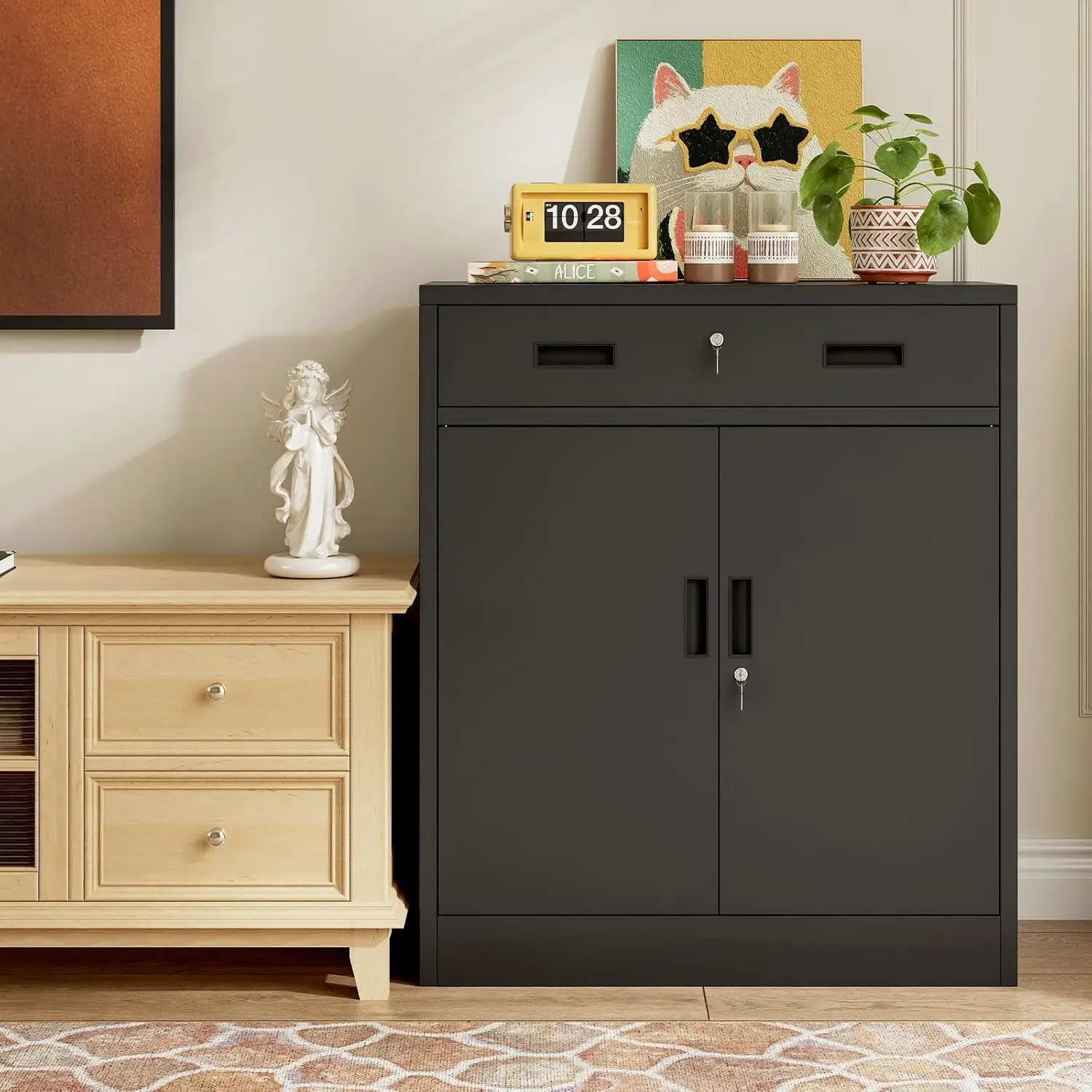 Metal Garage Storage Cabinet with One Lockable Drawer 2 Locking Doors and an Adjustable Shelf, 36