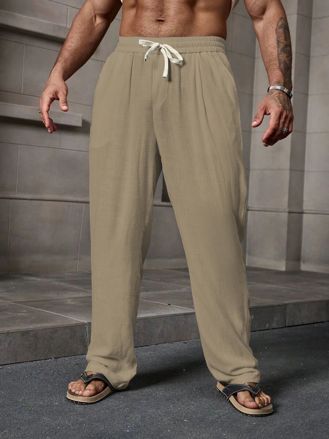 

Men's solid color cotton linen blended casual pants with loose straight drawstring, comfortable and breathable, fashionable plus