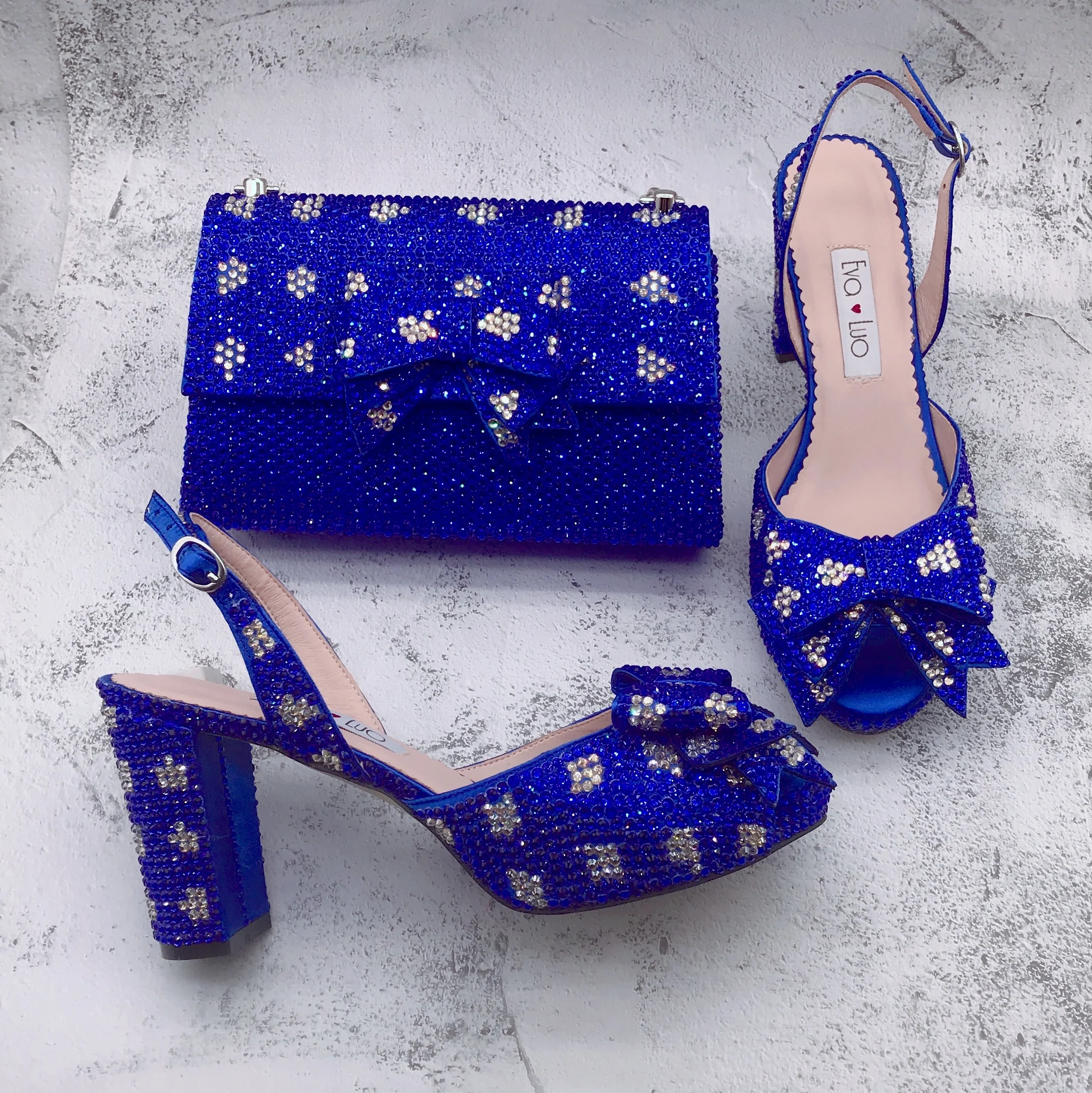 

BS1675 Custom Handmade Women Slingbacks Bridal Wedding Luxury Royal Blue Silver Crystal Shoes with Matching Bags Set