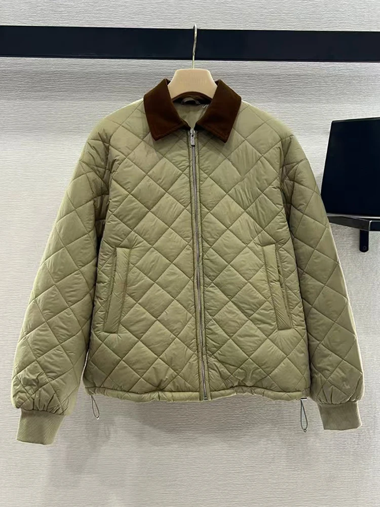 Vintage color corduroy lapel diamond check zipper cotton jacket 2024 autumn women\'s new fashion all-match cotton jacket