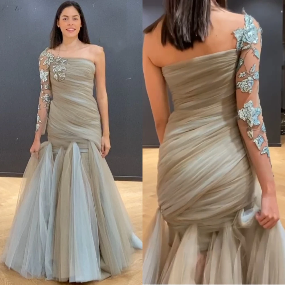 

Customized Tulle Applique Pleat Evening Mermaid One-shoulder Bespoke Occasion Gown Long Dresses