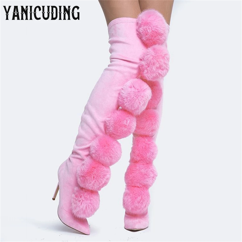 

Sweet Fury Pom Poms over the Knee Boots Faux Fur Thigh High Boots for Women Multicolor Fur Trim Boots Pointed Toe Stiletto Boots