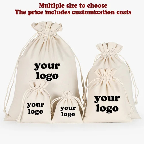 10 unids/lote de bolsas con cordón de lino con logotipo personalizado para fiesta de Navidad, boda, bolsas de algodón personalizadas de alta calidad, sacos personalizados