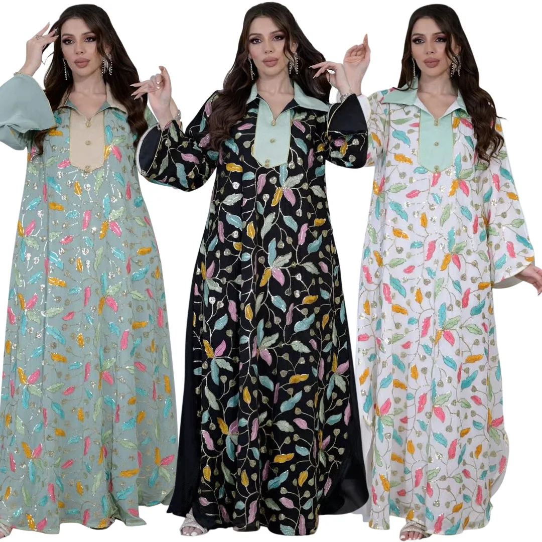 Elegant Dress for Women Arabian Dubai Abaya Sequin Embroidered Puffy Sleeve Muslim Dress Women Kaftan Musulmane Femme Vestidos