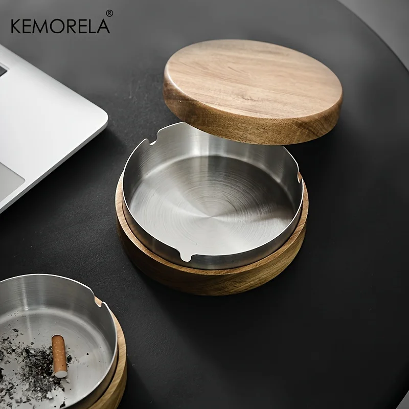 Acacia Wood Desktop Ashtray With Lid Stainless Steel Windproof Ash Tray For Bar Office Home Decoration Smoking Accessories