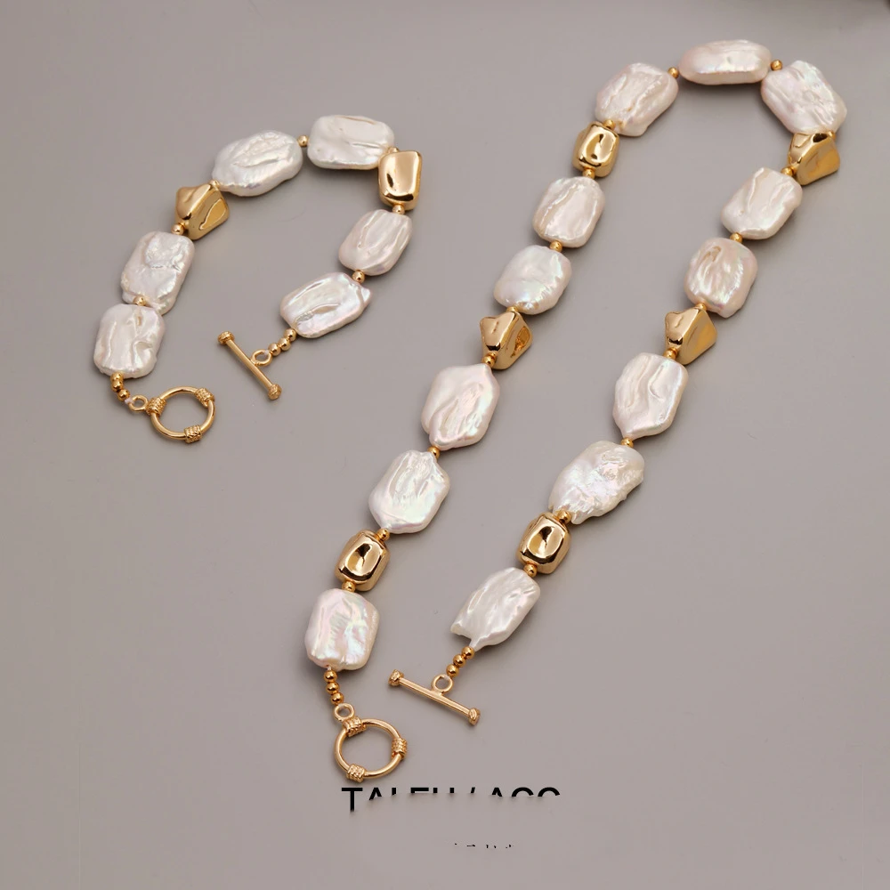 European and American Retro New Product Design Irregular Metal Bead Stone Square Baroque Pearl Splicing Necklace Simple Metal