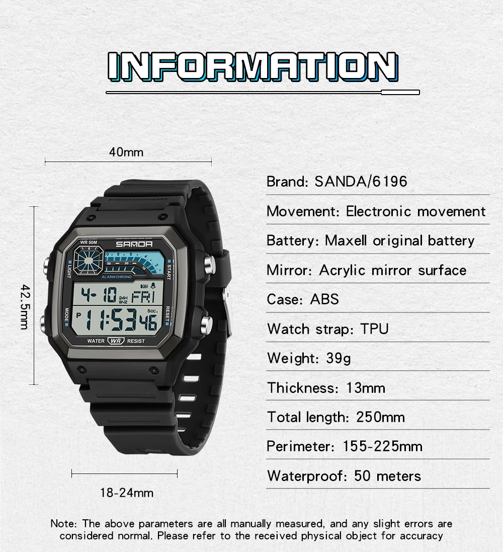 SANDA 6196 Student Electronic Watch Night Light Waterproof Sports Men's Lightweight Square Luxury Classic  Electronic Watch image 5