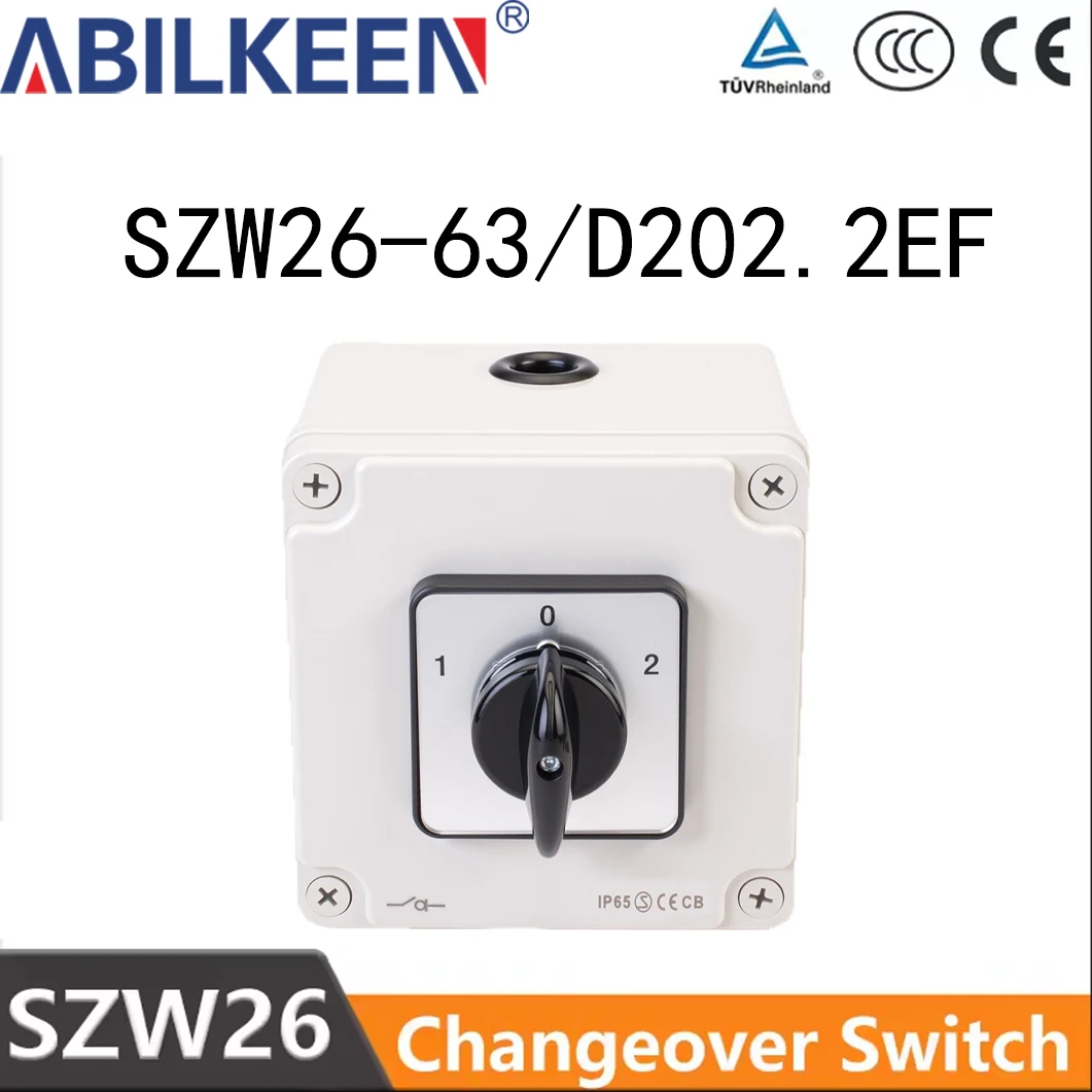 SZW26-63/D202.2EF 63A Latching Rotary Power Cut-off Changeover Switch 3 Gear 2 Pole With Waterproof And Dustproof Sealed Box