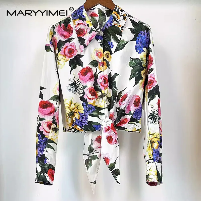 MARYYIMEI Women\'s Suit Turn-down Collar Long Sleeved Elegant Printed Long shirt Beach Holiday Cotton Two Pieces Set