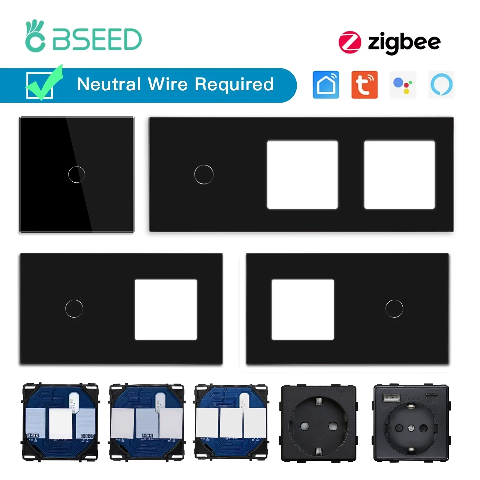 BSEED Zigbee Touch Switches Function Base 1/2/3Way Glass Panels EU Wall Smart Socket Tuya Smart Life App DIY Parts Only