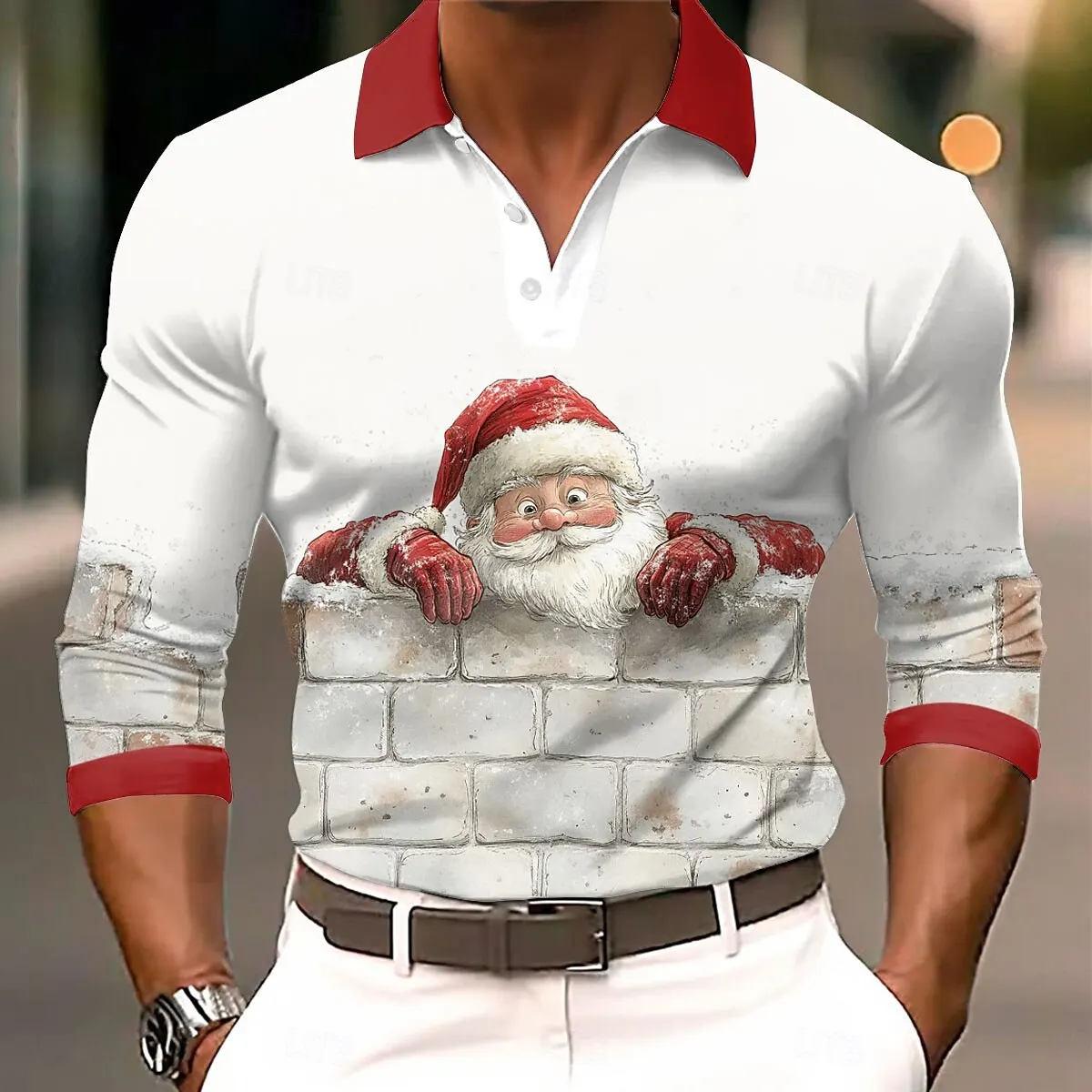 

Men's Santa Clause Graphic Polo Shirts Fashion Casual Long Sleeved Turn-Down Collar Tops Loose Breathable Festival Party Clothes
