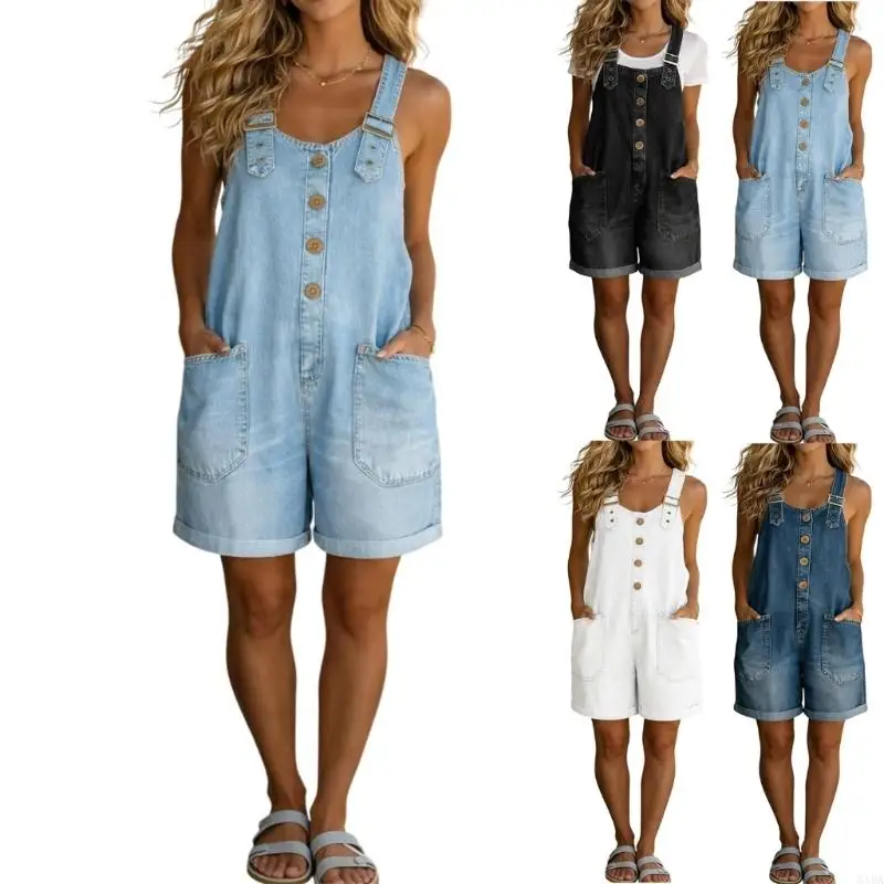 

Overall Shorts for Women Button Front Shortalls Loose Fit Bib Jean Romper Adjustable Strap Casual Outfit 6XDA