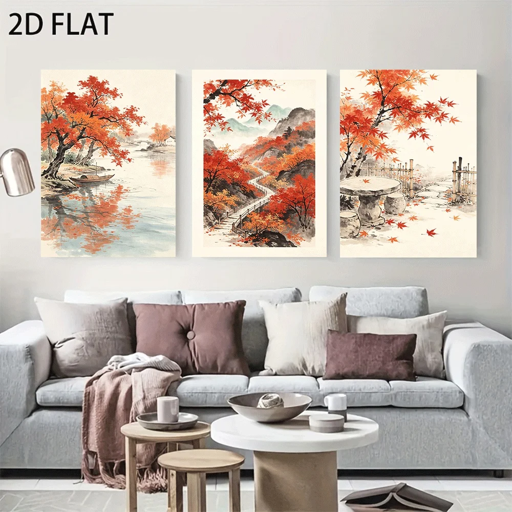 2D Flat, 2D Flat, Posters And Prints Autumn Red Maple Oriental Landscape Home Decor, 3pcs Frameless Canvas Wall Art with Chin