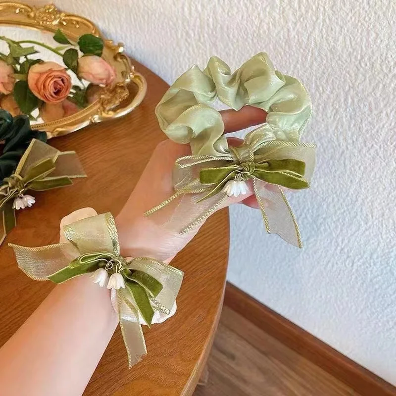 

New green rubber band super fairy bell orchid bow headband temperament forest style girl versatile hair accessory