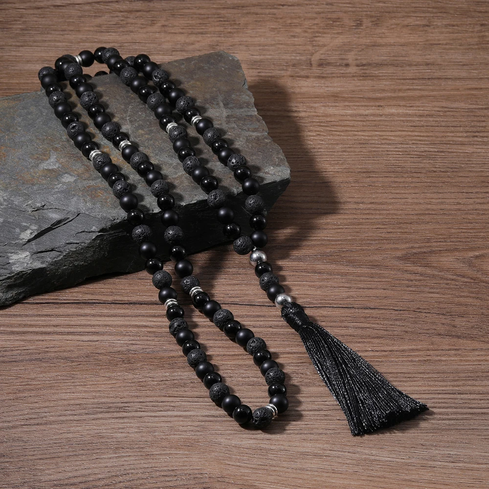 OAIITE 8mm Japamala Volcanic Stone Black Agate 108Mala Necklace Women Men Prayer Meditate Yoga Necklace Fashion Jewelry