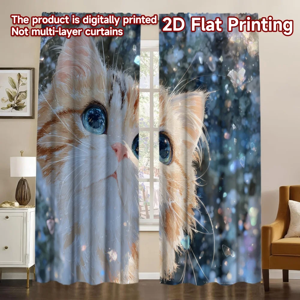2D Flat Printing,2pcs Cute Kitten with Sparkles Chic Curtains&Drapes 100% Polyester Curtains Outdoor Decorations Use for