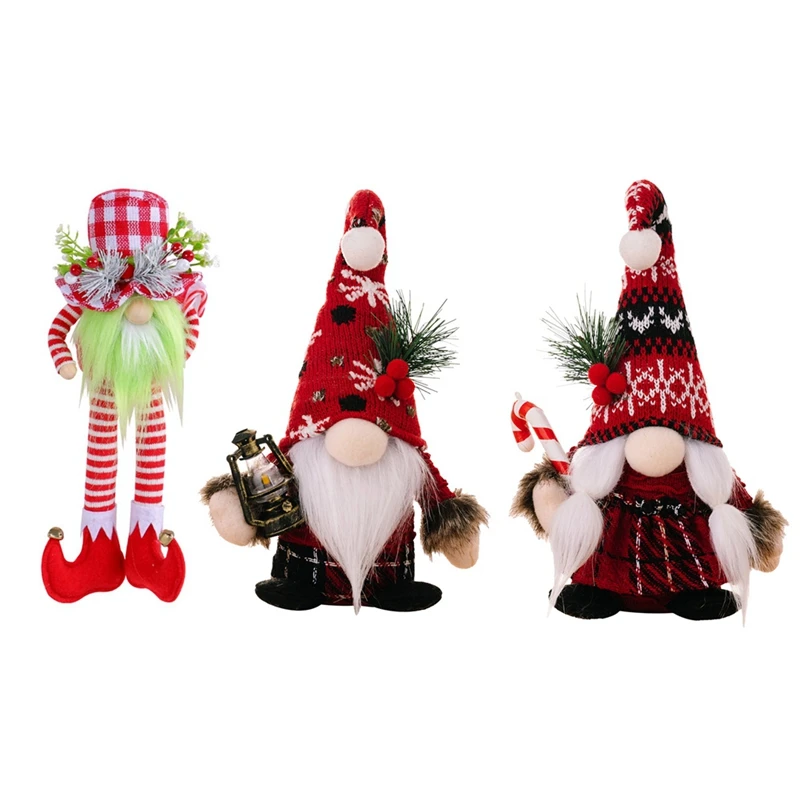 Christmas Gnome Plush Dolls Knitted Cap Scandinavian Tomte Nisse Figurines with Lantern Candy Cane Tabletop Holiday Decorations