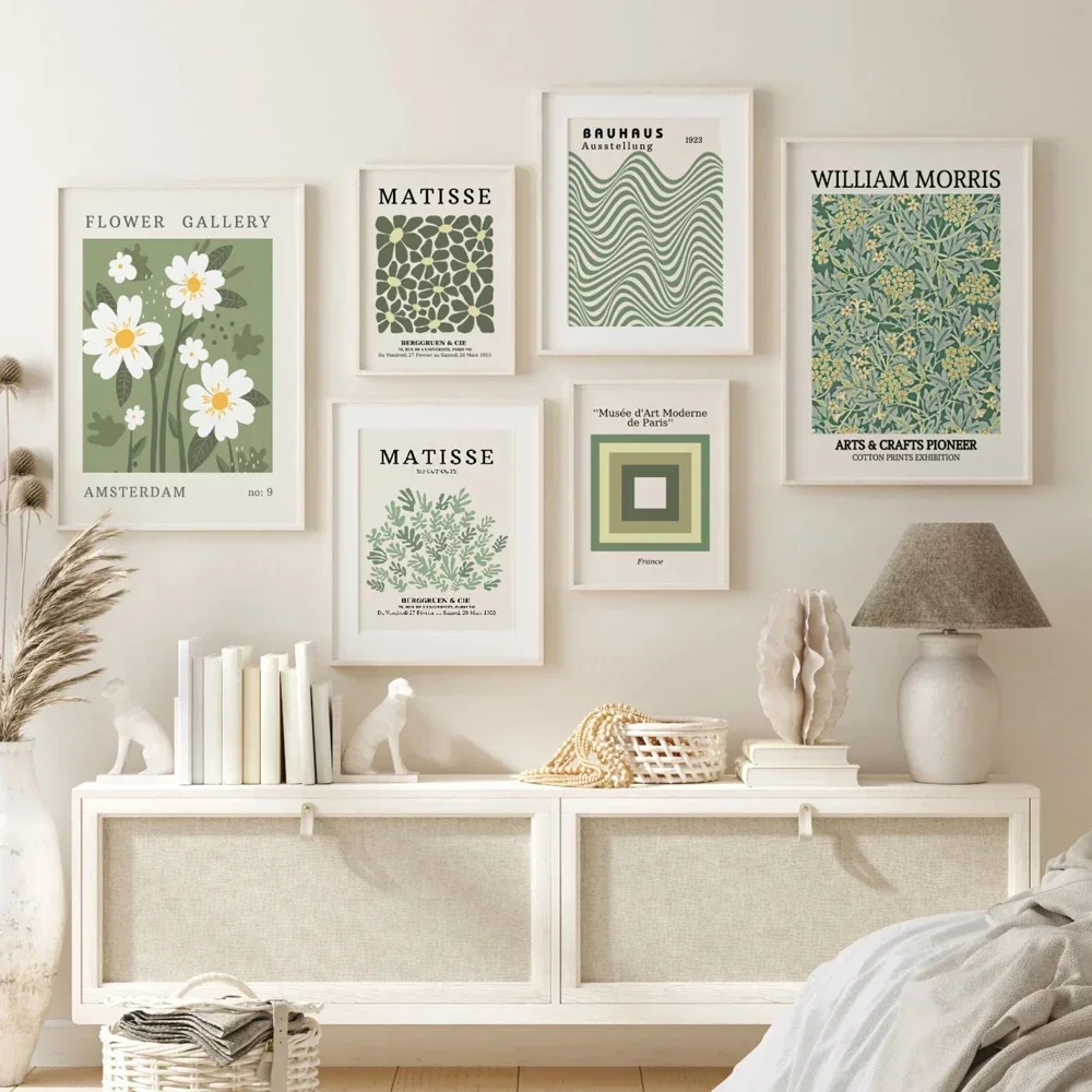 

Abstract Matisse Bauhaus Plant Flower Coral Sage Green Modern Posters Of Wall Art Canvas Prints Pictures Living Room Home Decor