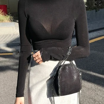 여성용 터틀넥 슬림 하이 퀄리티 플레인 티셔츠, 신축성 있는 기본 여성 상의, 긴 소매, 섹시한 얇은 티셔츠, 시스루 2024
